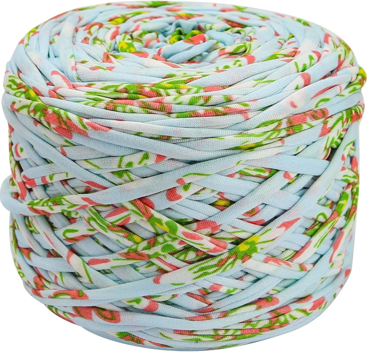 Ein Ball aus blau-pinkem, variiertem Polyester-Strickgarn, fest aufgewickelt.