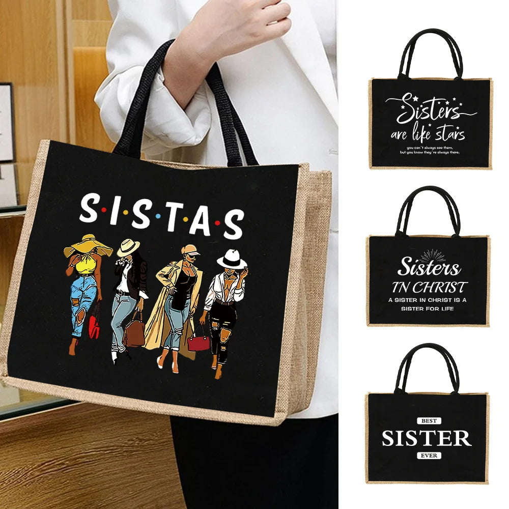 Vintage Jute Shopping Tote Bag with Waterproof Lining