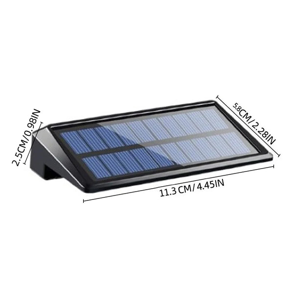 A black solar-powered LED fence and deck light panel with dimensions 11.3 cm by 2.5 cm.