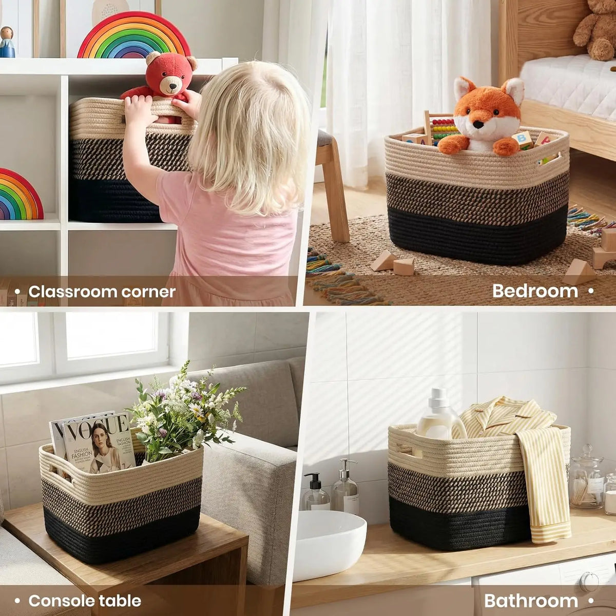 A collection of woven cotton rope storage baskets used for organizing items in a classroom, bedroom, console table, and bathr