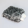 A black and gray microfiber car wash mitt with a white cuff.