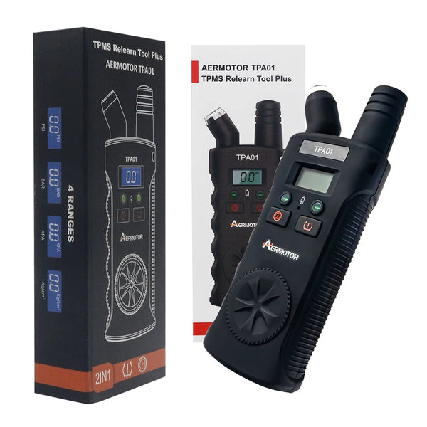 A black tool box and handheld device for measuring and resetting tire pressure, labeled TPMS Relearn Tool Plus.