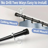 Image showing two ways to install a black curtain rod, including ceiling mount and wall mount options.