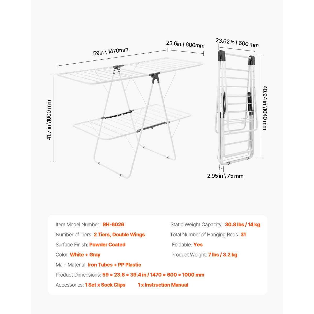 Adjustable Rollable Clothes Drying Rack with Sock Clips