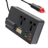 A black car power inverter with seven ports and a power cord is shown from above.