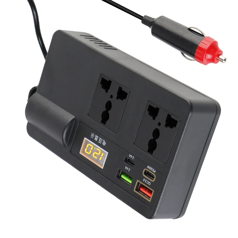 A black car power inverter with seven ports and a power cord is shown from above.