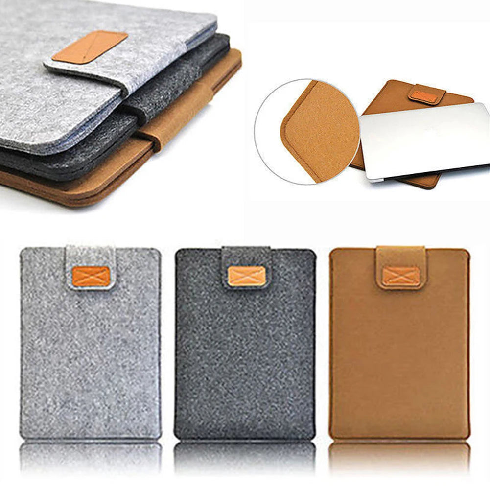 A set of felt laptop sleeves in various colors and styles, including a sleeve with a leather tab.