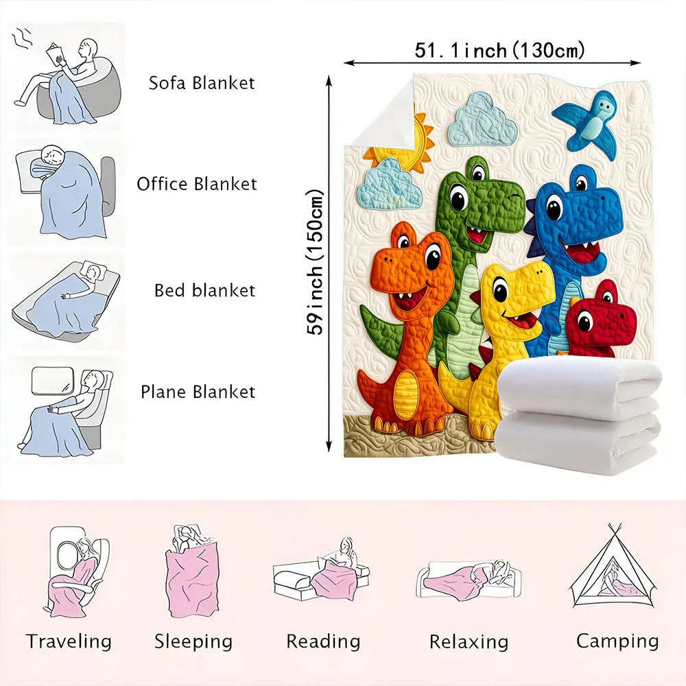 A colorful throw blanket featuring five dinosaur cartoons and a sunny sky design.