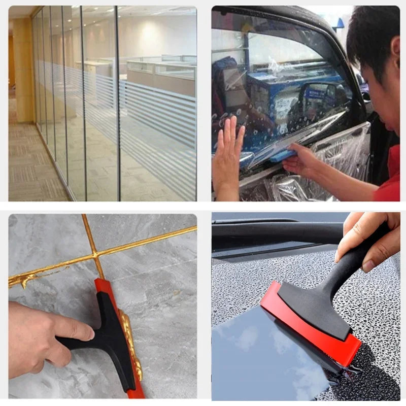 Close-up view of a silicone grout and sealant scraper tool being used on a glass surface.