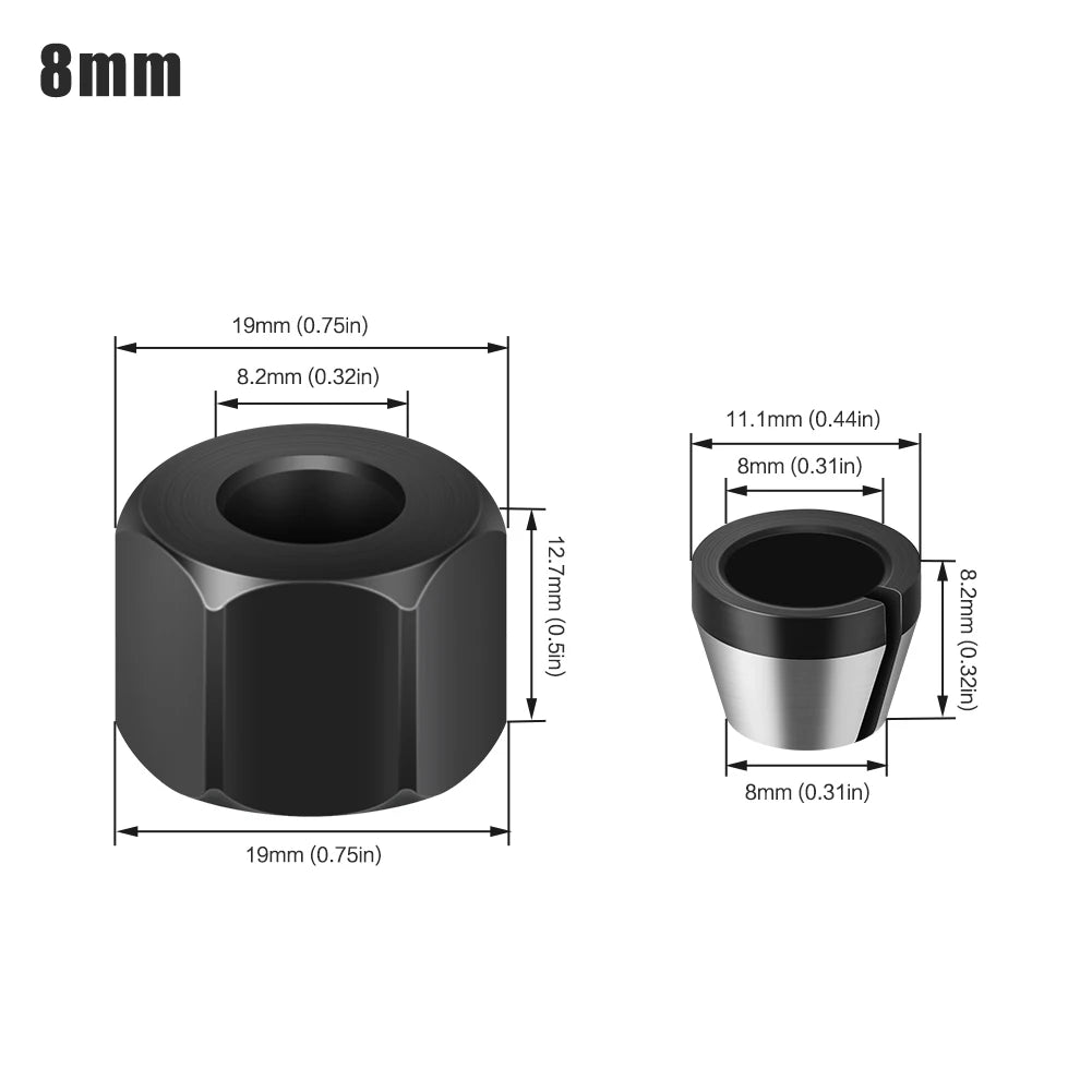 Schwarze Präzisionsrouter-Kolletmutter mit verschiedenen Größen in einer Darstellung.