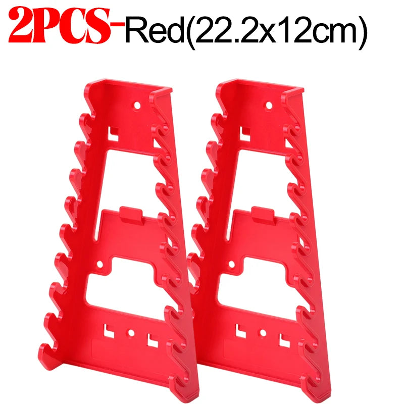 Two red heavy-duty ABS wrench organizer trays with multi-slot storage racks