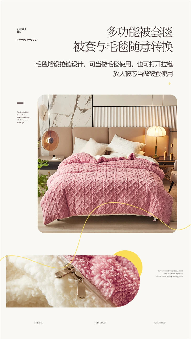 A pink velvet duvet cover and blanket are shown, highlighting the soft texture and luxurious fabric.