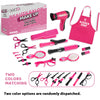 A pink makeup kit for kids includes a hairdryer, various plastic tools like scissors and combs, and accessories.