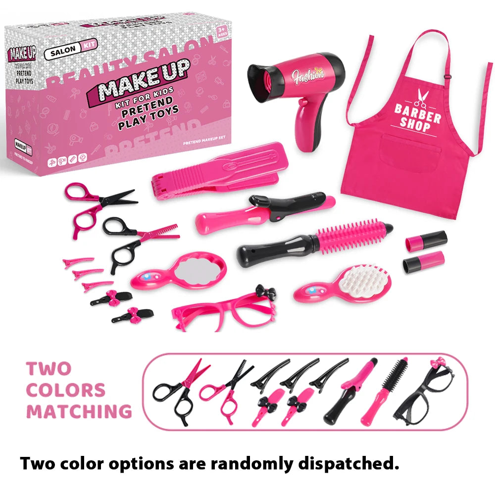 A pink makeup kit for kids includes a hairdryer, various plastic tools like scissors and combs, and accessories.