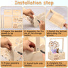 Installation steps for assembling a rustic wooden baby shower crate with handles.
