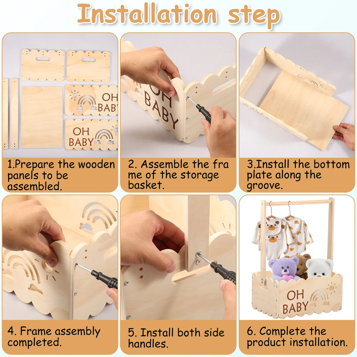 Installation steps for assembling a rustic wooden baby shower crate with handles.
