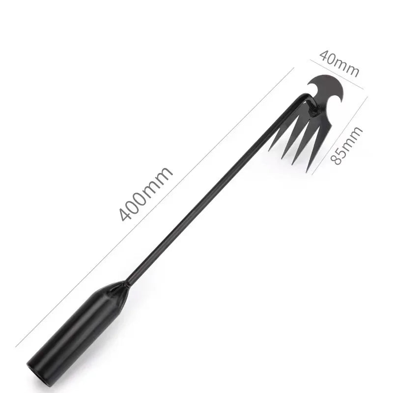 A black 4-tine steel hand weeder with a long handle and precision tines.