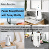 Modern kitchen paper towel holder with a silver spray bottle on a countertop.
