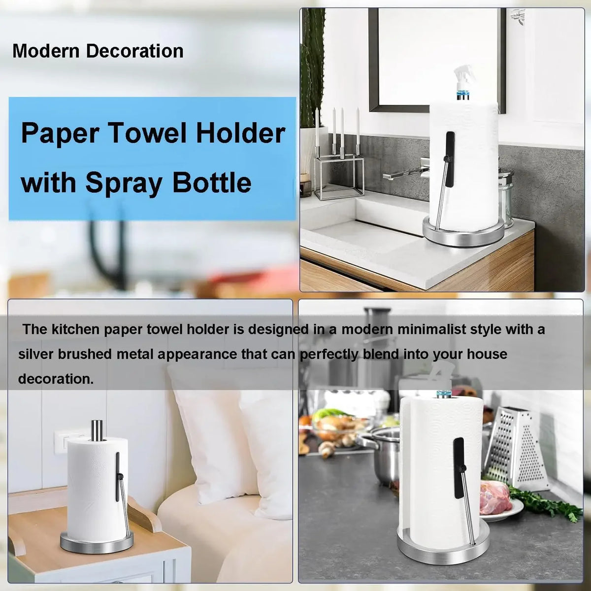 Modern kitchen paper towel holder with a silver spray bottle on a countertop.