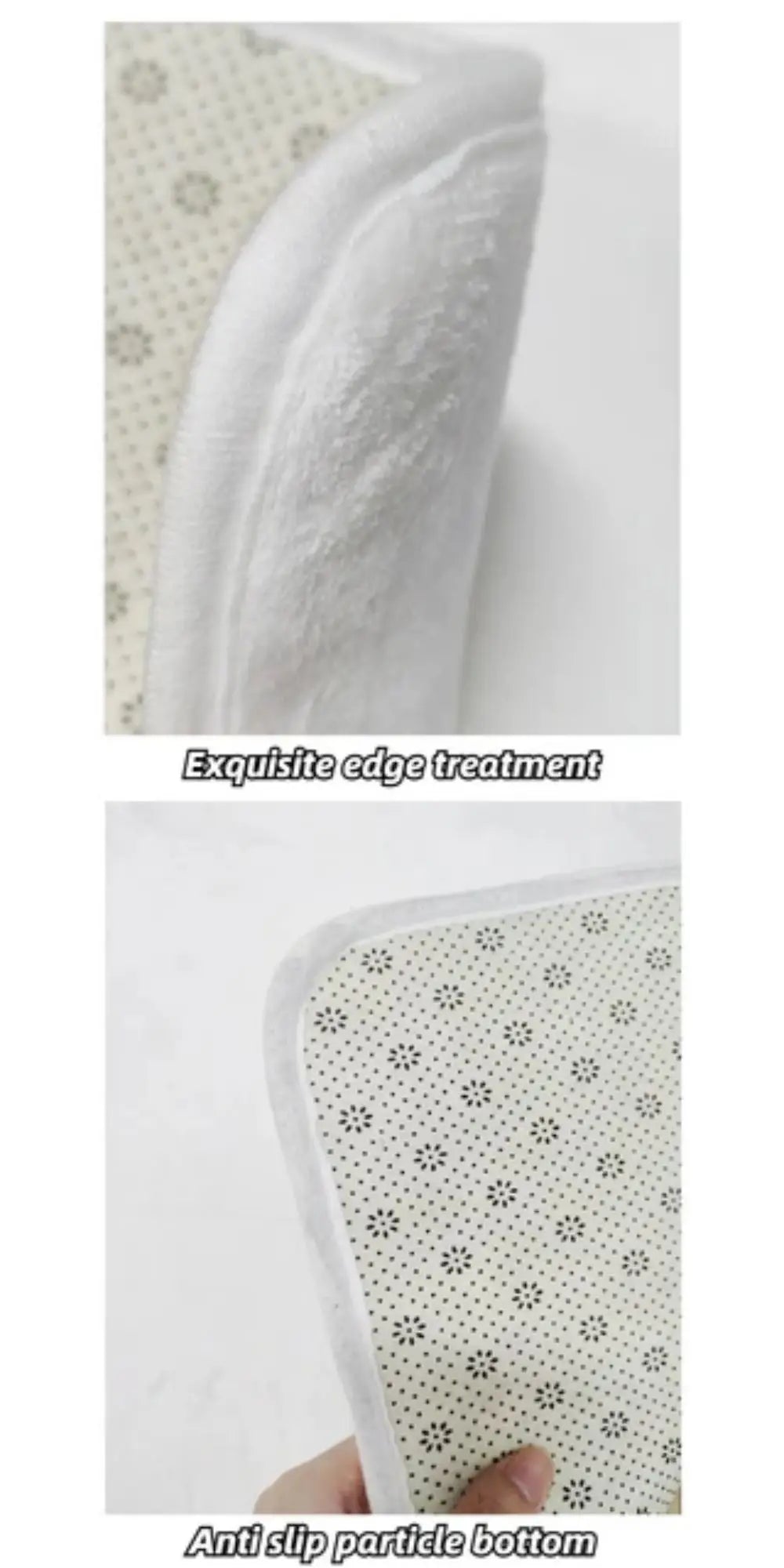 Primer plano de la parte inferior antideslizante blanca y el exquisito tratamiento de borde de una alfombra decorativa con es