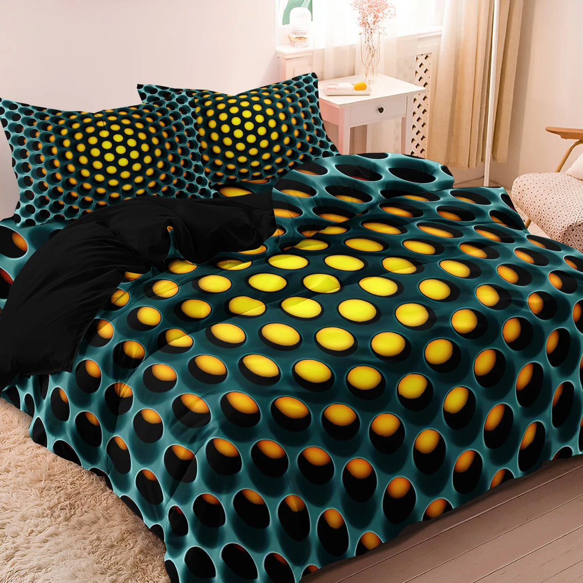 A teal and black geometric duvet cover set featuring a pattern of yellow circles on a bed.