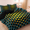 A teal and black geometric duvet cover set featuring a pattern of yellow circles on a bed.