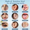 A collection of stainless steel piercing tools for various body piercings including nostril, ear lobe, lip, septum, tongue, e