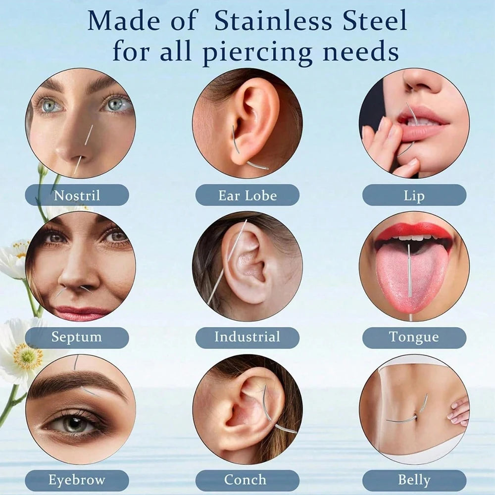 A collection of stainless steel piercing tools for various body piercings including nostril, ear lobe, lip, septum, tongue, e