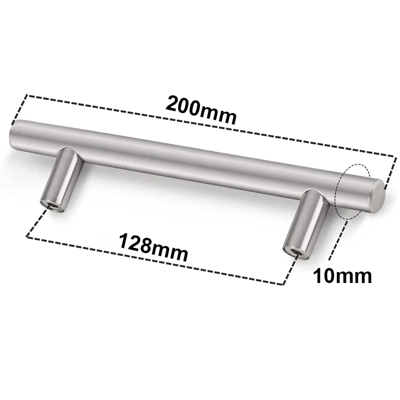 Moderne Edelstahl-T-Bar-Schrankgriffe mit den Maßen 200mm, 128mm und 10mm.