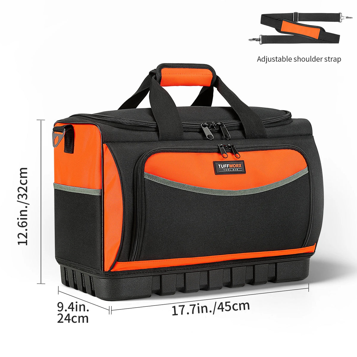 Black and orange heavy-duty tool bag with an adjustable shoulder strap and molded base