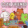 A colorful illustration of three cute animal characters, including a white dog, a yellow chick, and a brown bear, on a colori
