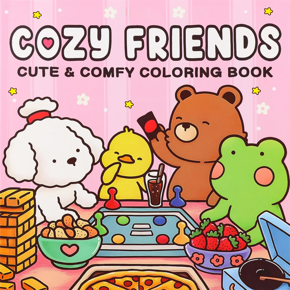 A colorful illustration of three cute animal characters, including a white dog, a yellow chick, and a brown bear, on a colori