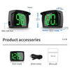 A black smart GPS speedometer with a large green LED display and a hood, along with accessories like a USB cable and manual.