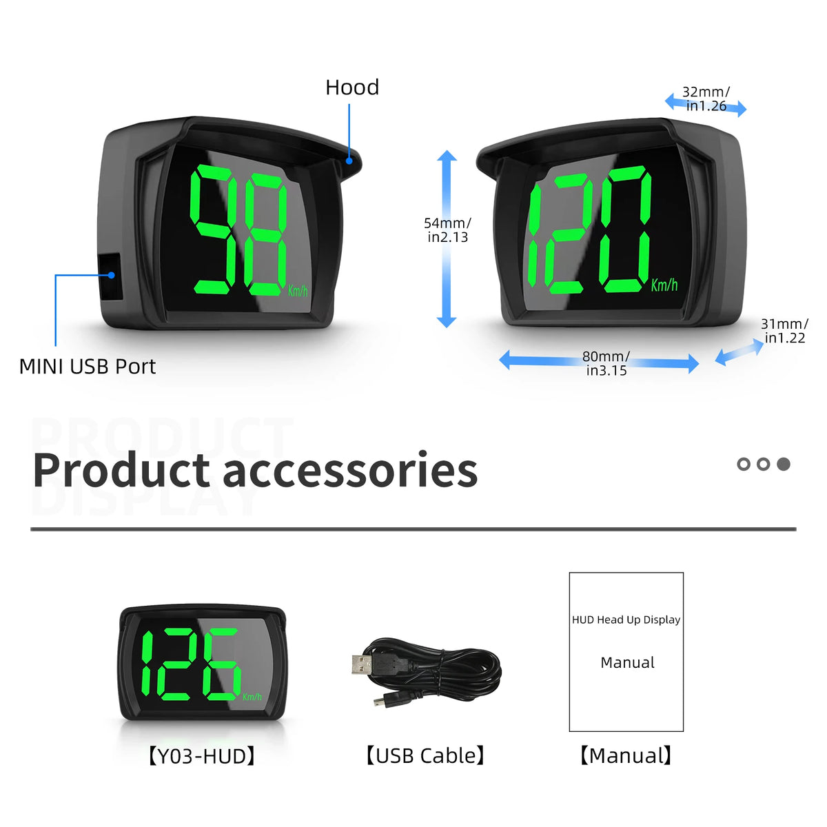 A black smart GPS speedometer with a large green LED display and a hood, along with accessories like a USB cable and manual.