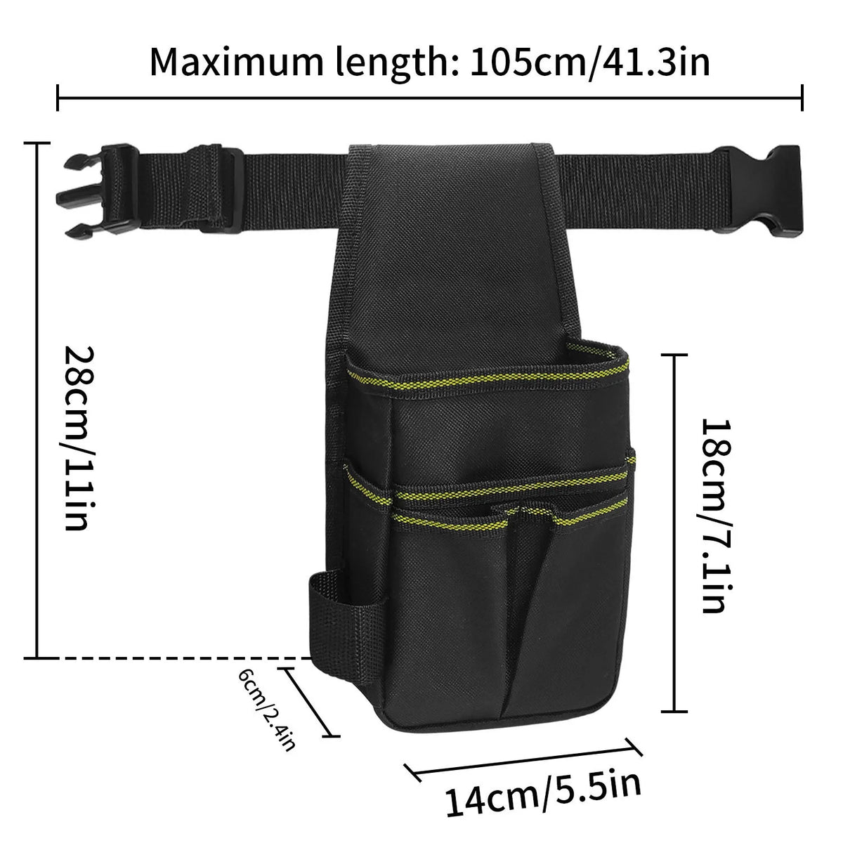 Black adjustable waist tool pouch with multiple pockets and a strap for secure carrying
