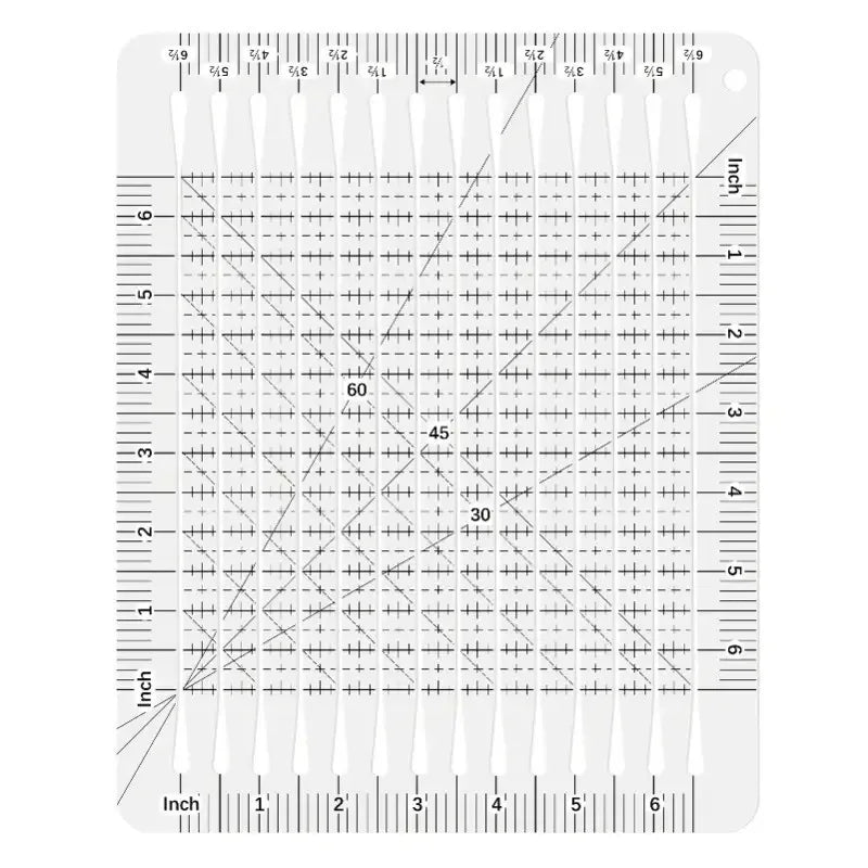 Clear acrylic quilting ruler with a dual scale grid and 1/4 inch seam guide marked on the acrylic surface.