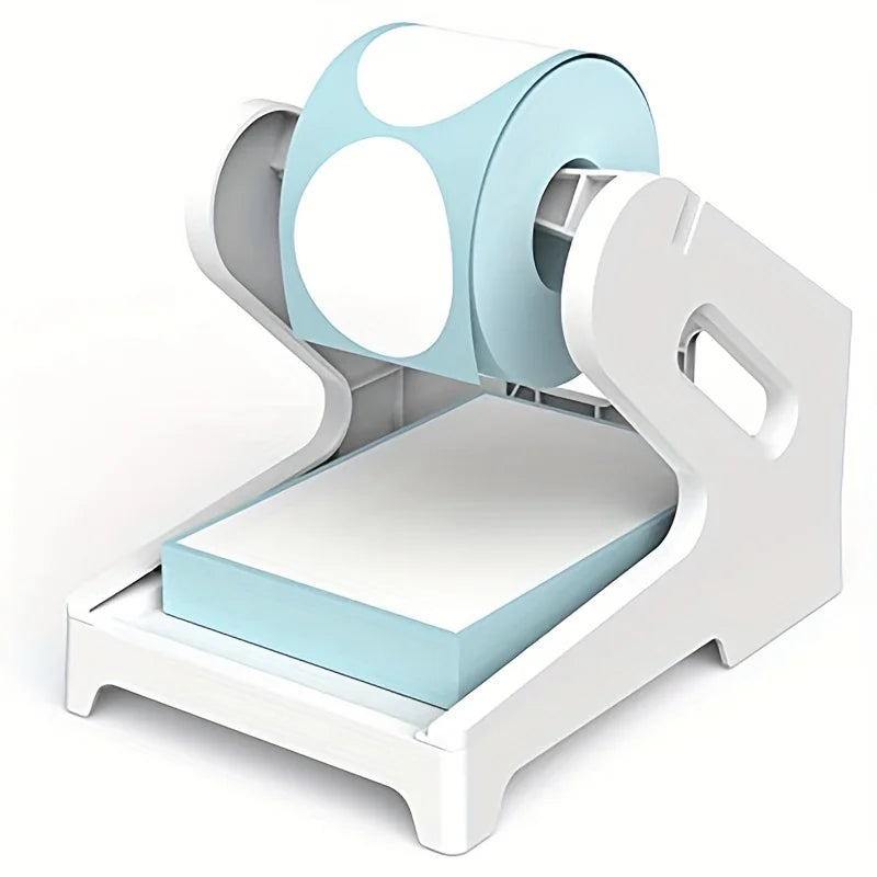 A white thermal label holder device designed to hold rolls of labels and fan-folded labels.