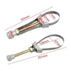 A silver adjustable oil filter removal wrench with various sized jaws and a long shaft.