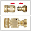 A set of two solid brass garden hose quick connectors, showing both male and female components.