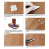 A series of six steps demonstrating how to use a self-adhesive PU leather repair patch for minor damage.