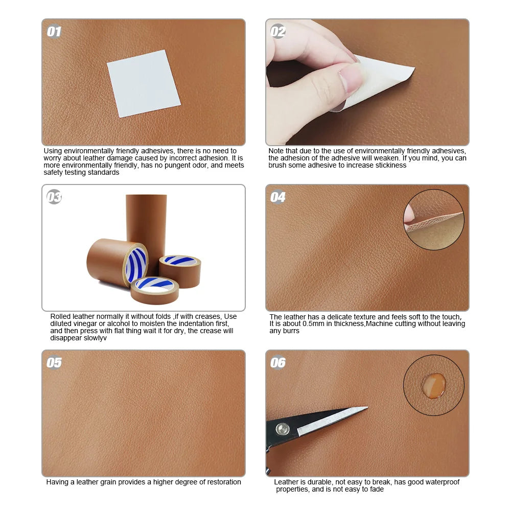 A series of six steps demonstrating how to use a self-adhesive PU leather repair patch for minor damage.