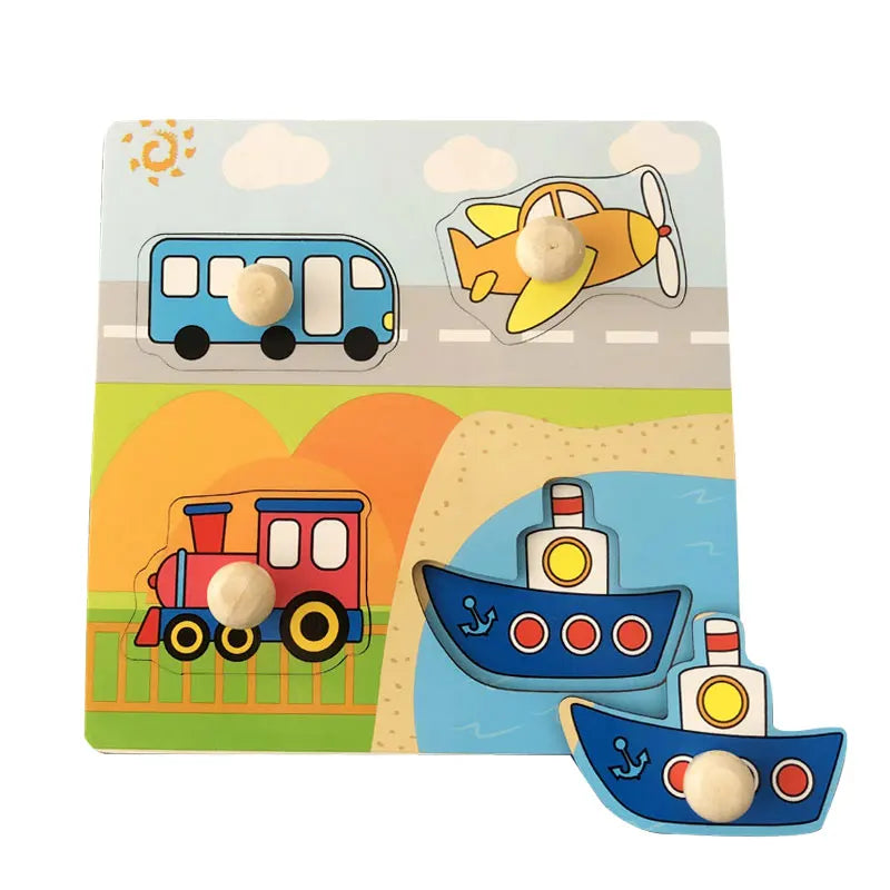 A set of wooden alphabet and number peg puzzles for toddlers featuring vehicles like a bus, train, and boat.