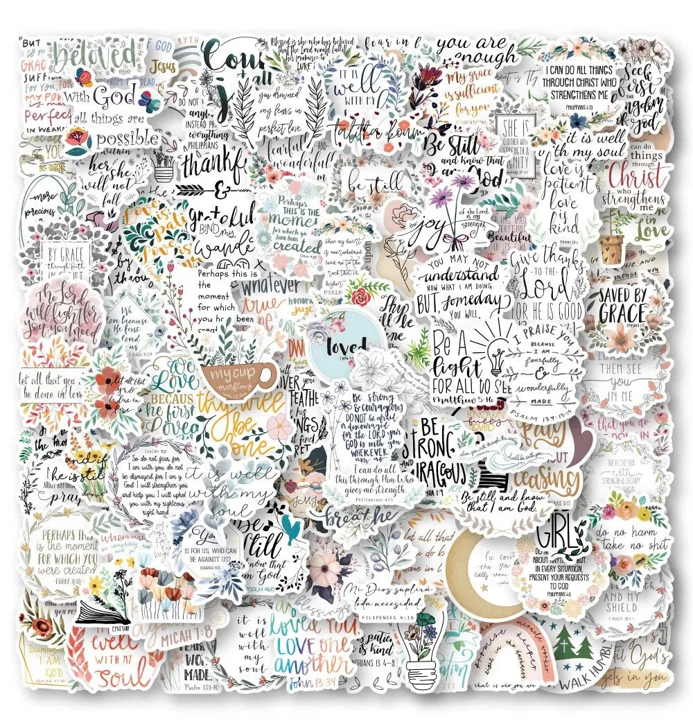 A collage of inspirational Bible verses and quotes printed on stickers.