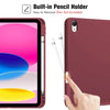 A close-up of a pink tablet case showing a built-in pencil holder with two pens inserted.