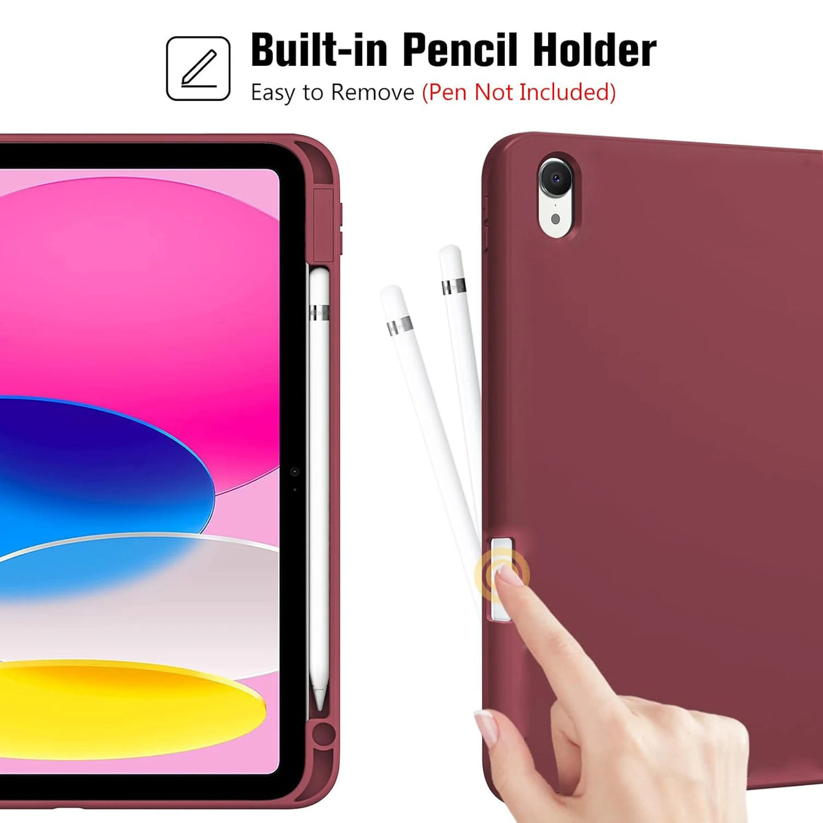 A close-up of a pink tablet case showing a built-in pencil holder with two pens inserted.