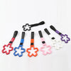 A set of five cherry blossom colored tow straps with steel hooks arranged on a white background.