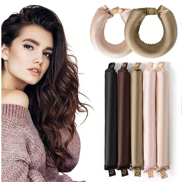 A woman with long dark hair is shown next to heatless satin hair curlers for overnight styling.