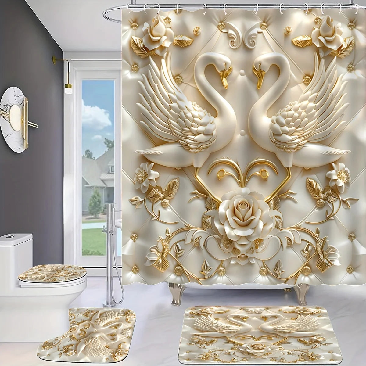 A luxury bathroom set featuring 3D sculpted swans and roses in cream and gold tones.