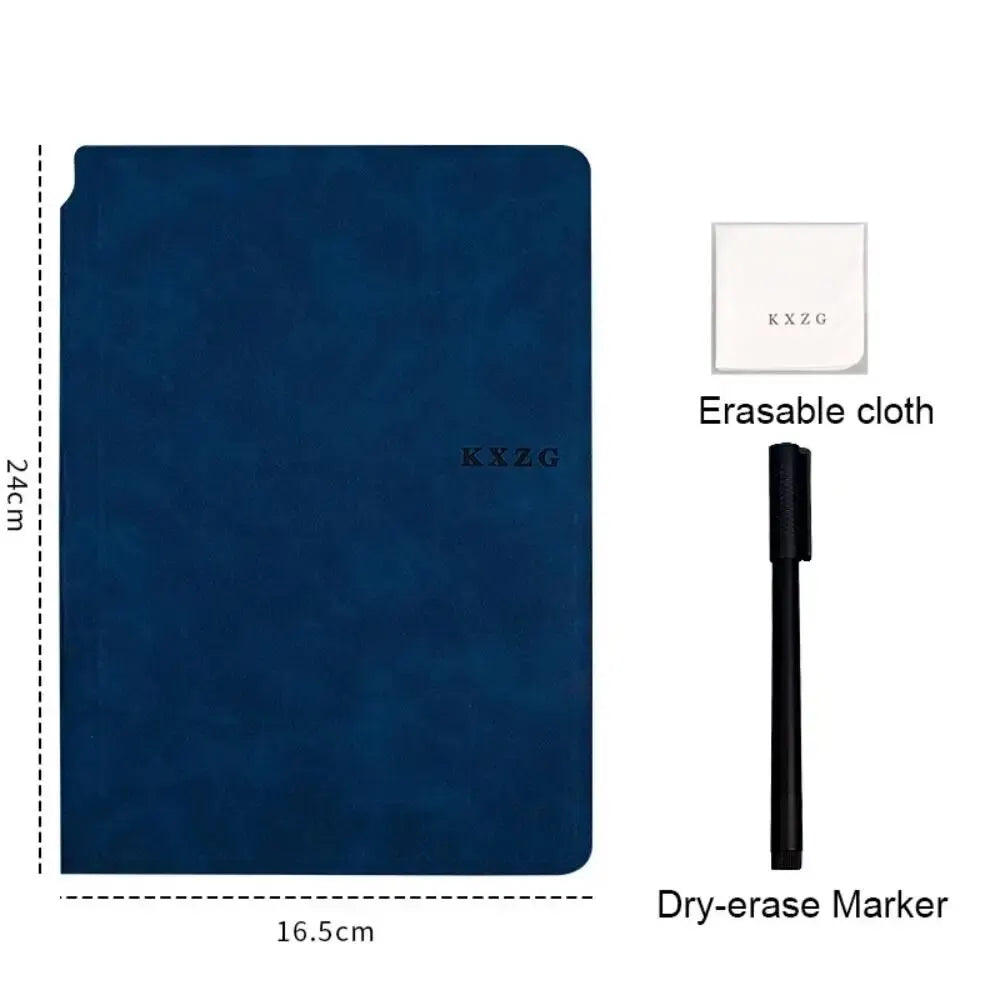 Bloc-notes en tissu bleu foncé et marqueur effaçable noir avec dimensions.