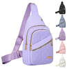 A light purple quilted crossbody sling bag with a matching strap and multiple zippered compartments.